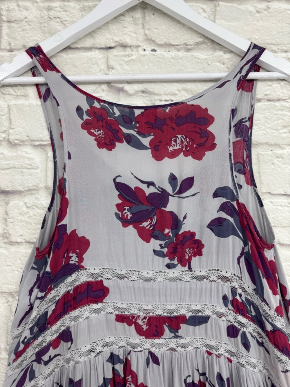 Free People Voile & Lace Trapeze Slip Dress Gray Red Floral Boho Size Small - Picture 10 of 14